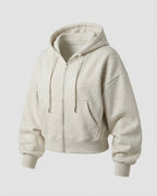 Women's Cropped Zip-Up Hoodie with Dropped Shoulders and Front Pockets