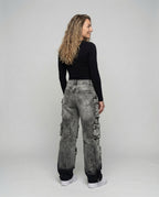 Women's Baggy Cargo Jeans with Layered Flap Pockets and Adjustable Ankle