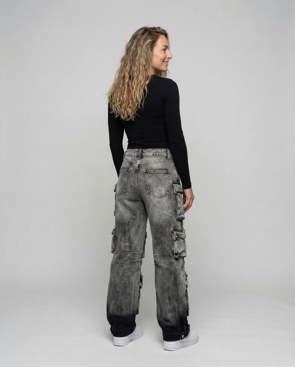 Women's Baggy Cargo Jeans with Layered Flap Pockets and Adjustable Ankle