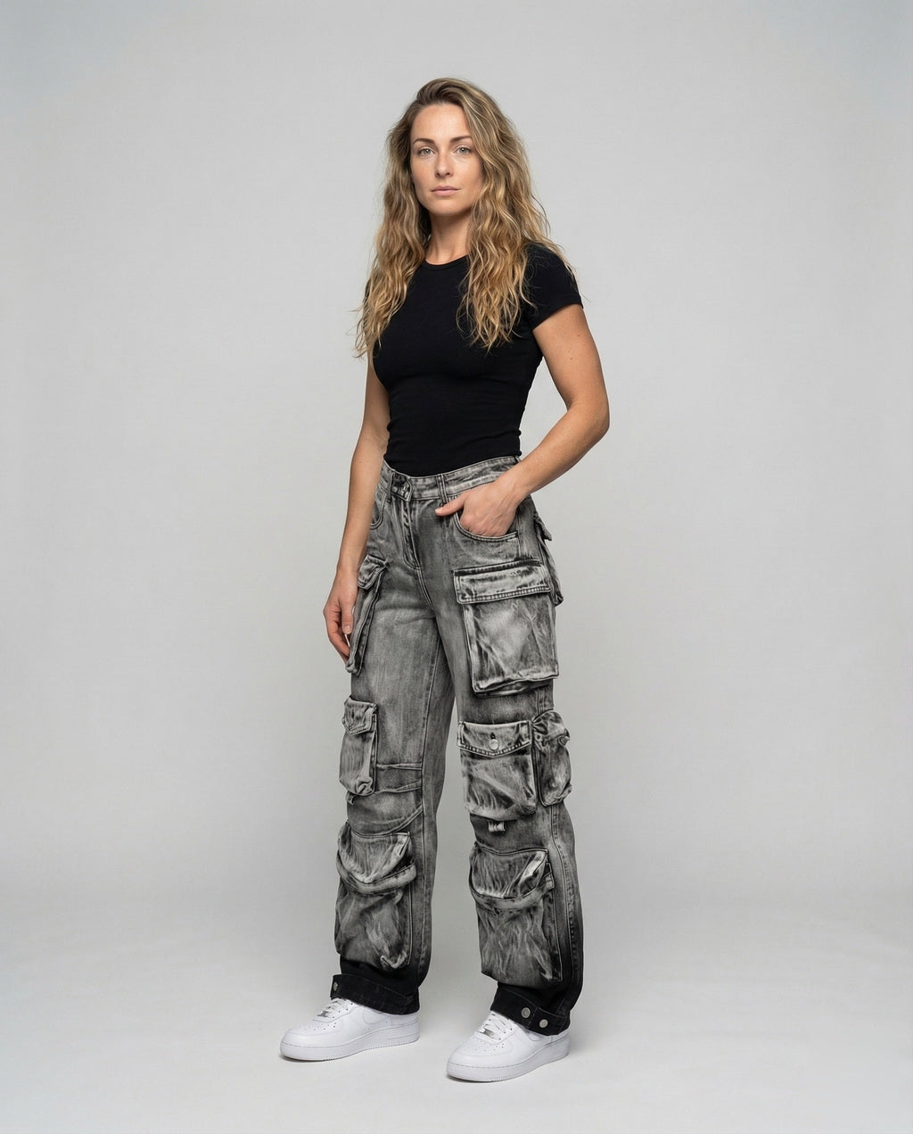 Women's Baggy Cargo Jeans with Layered Flap Pockets and Adjustable Ankle