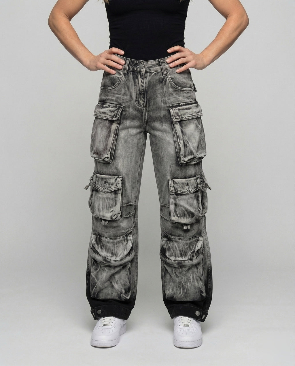 Women's Baggy Cargo Jeans with Layered Flap Pockets and Adjustable Ankle