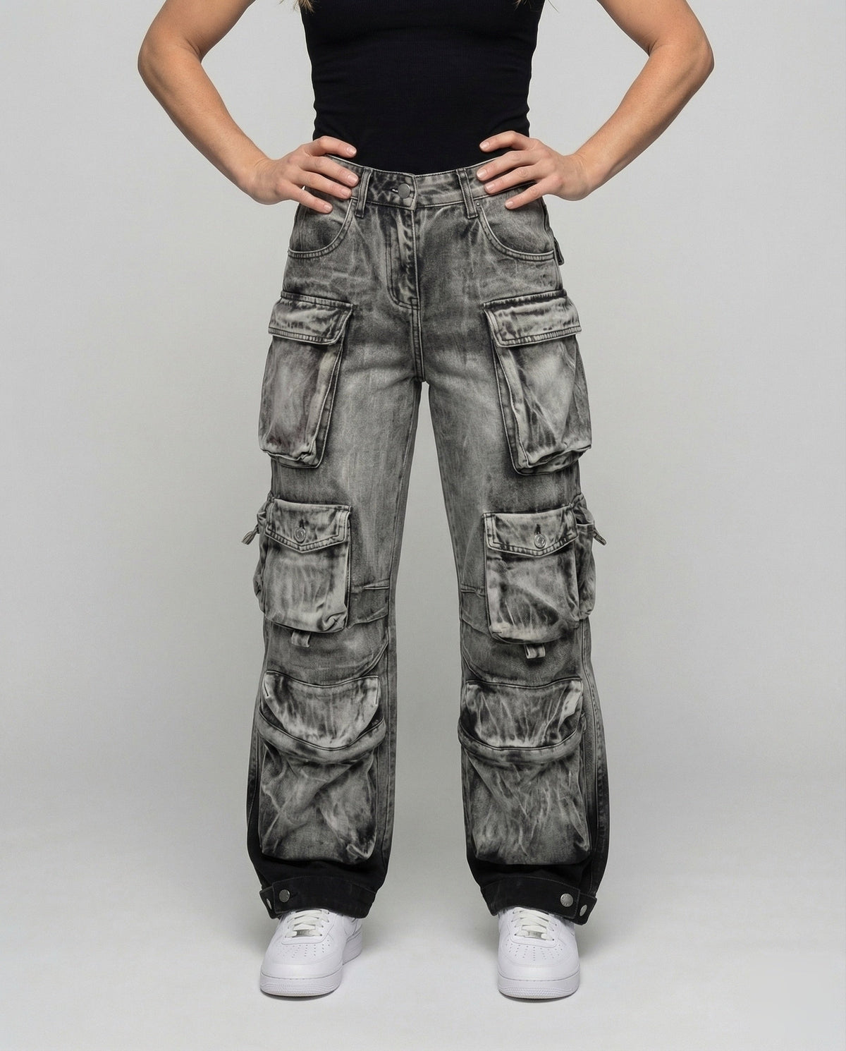 Women's Baggy Cargo Jeans with Layered Flap Pockets and Adjustable Ankle