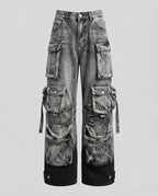 Women's Baggy Cargo Jeans with Layered Flap Pockets and Adjustable Ankle