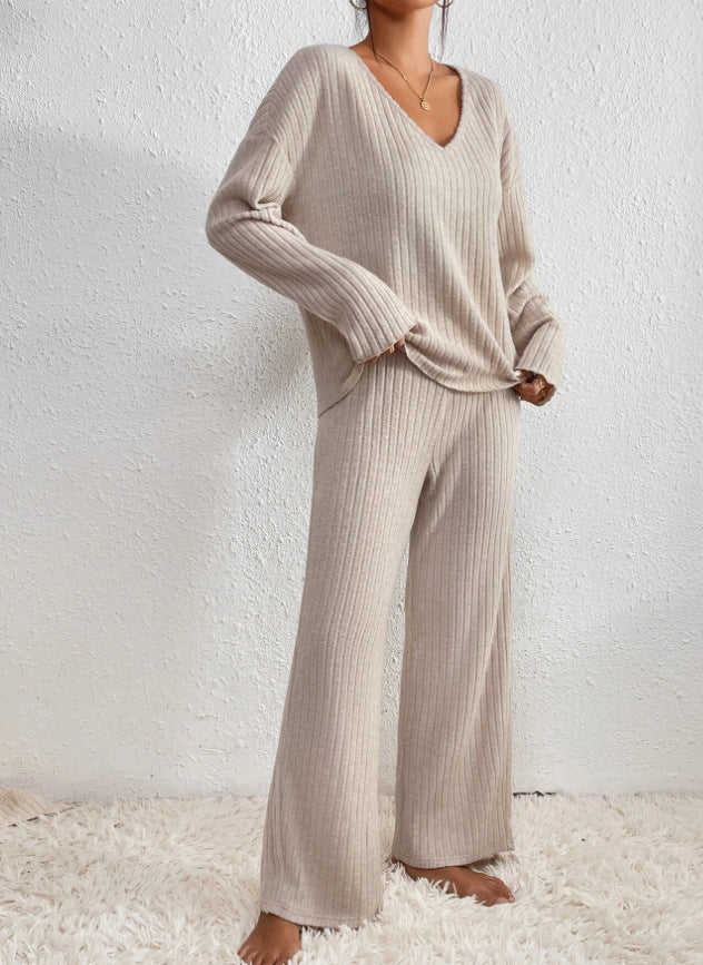 Ribbed Knit Two-Piece Set – V-Neck Top and Trousers