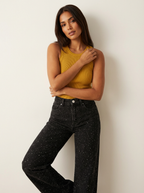 Straight Leg High Waist Jeans with Glitter Detail – Women's Sparkle Denim