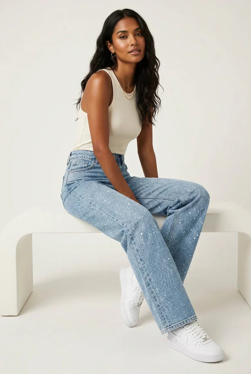 Straight Leg High Waist Jeans with Glitter Detail – Women's Sparkle Denim