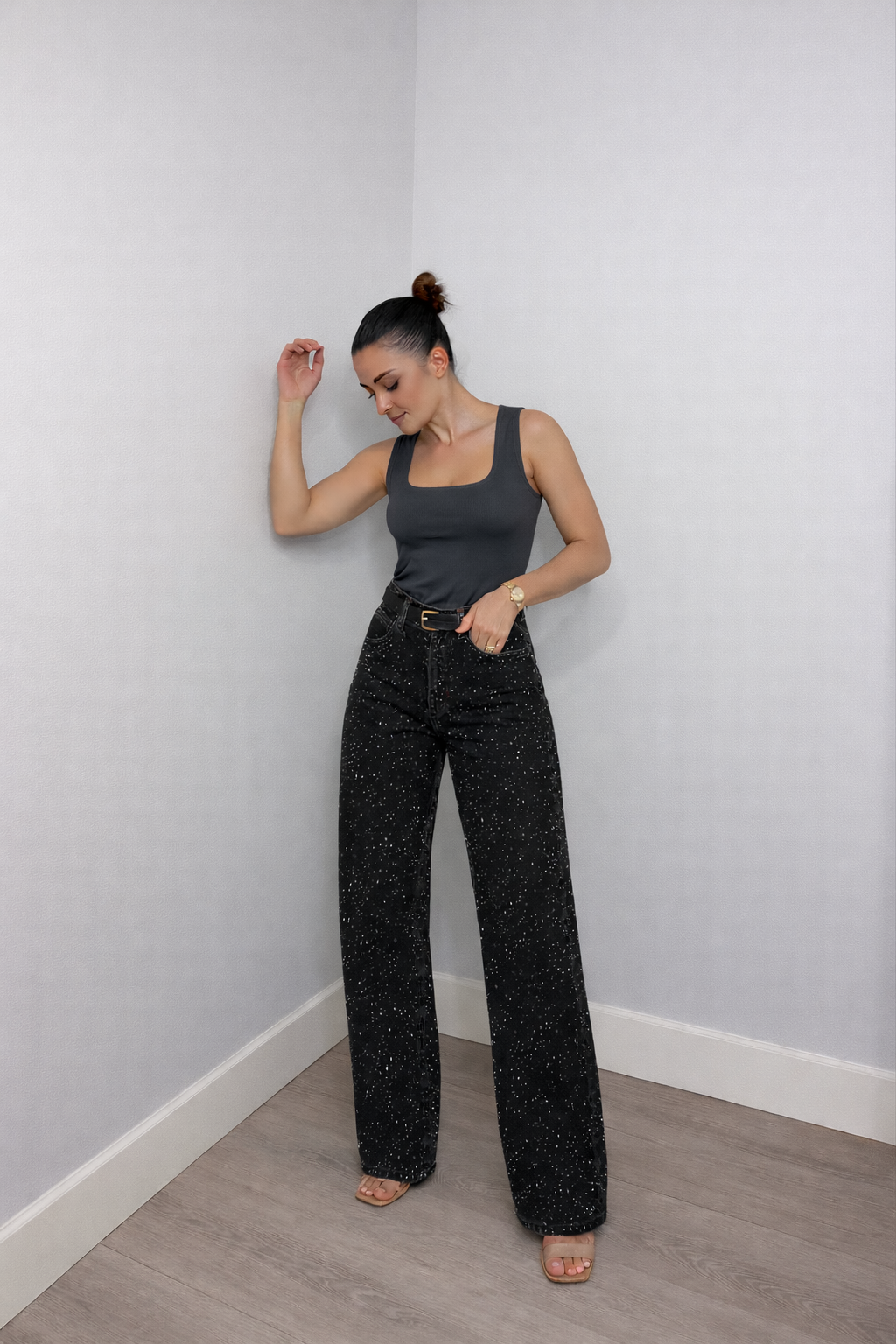 Straight Leg High Waist Jeans with Glitter Detail – Women's Sparkle Denim