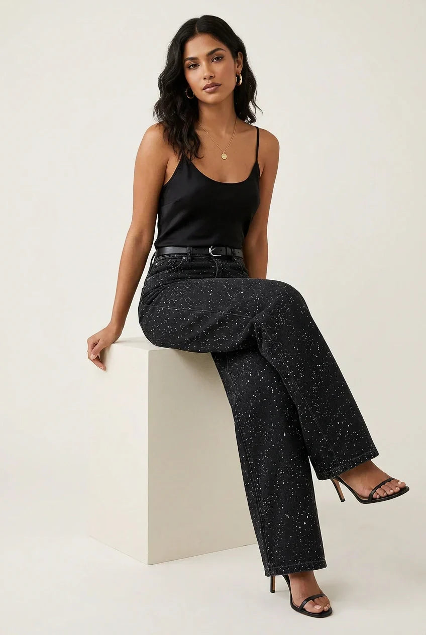 Straight Leg High Waist Jeans with Glitter Detail – Women's Sparkle Denim