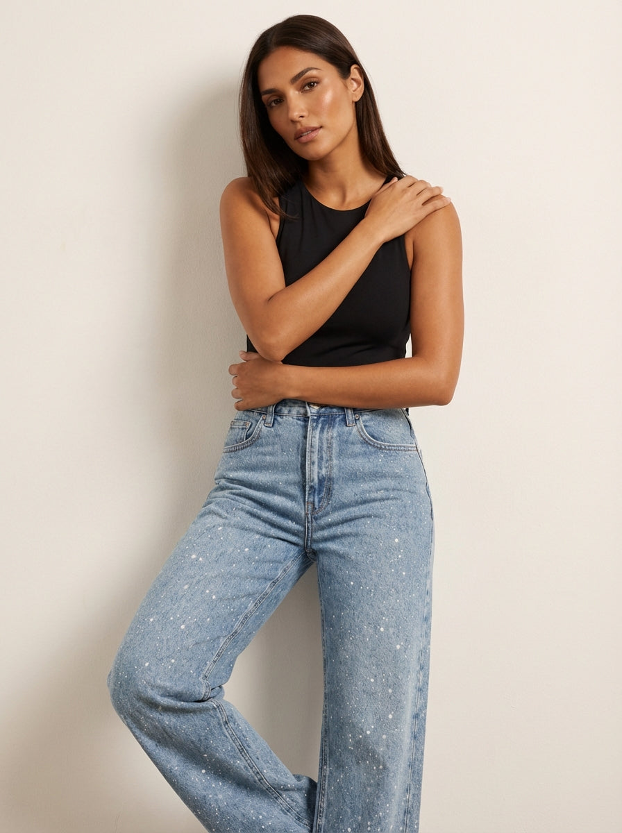 Straight Leg High Waist Jeans with Glitter Detail – Women's Sparkle Denim