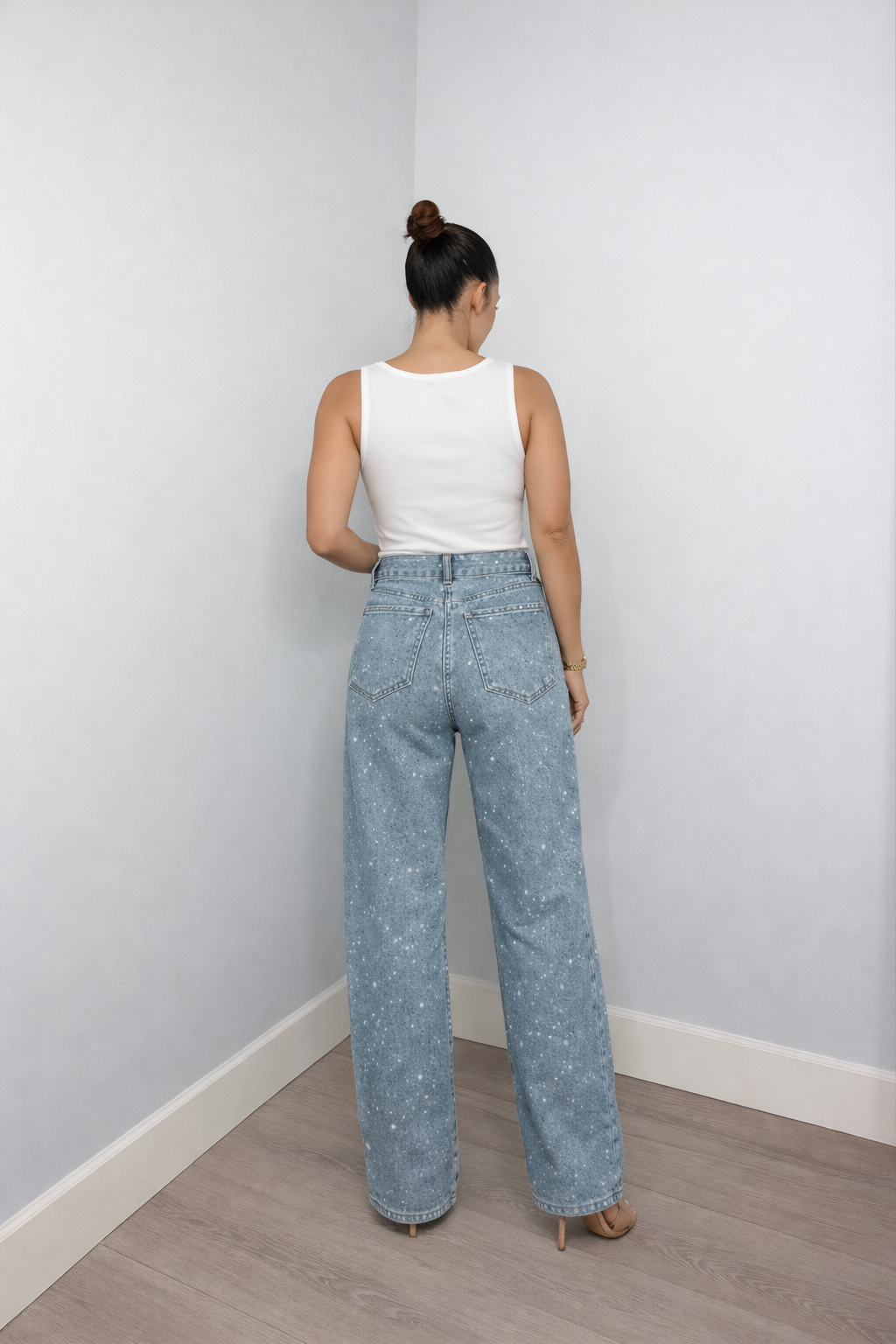 Straight Leg High Waist Jeans with Glitter Detail – Women's Sparkle Denim