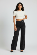 Straight Leg High Waist Jeans with Glitter Detail – Women's Sparkle Denim