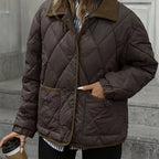 Women's Diamond Quilted Padded Jacket with Contrast Collar and Patch
