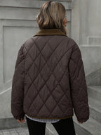 Women's Diamond Quilted Padded Jacket with Contrast Collar and Patch