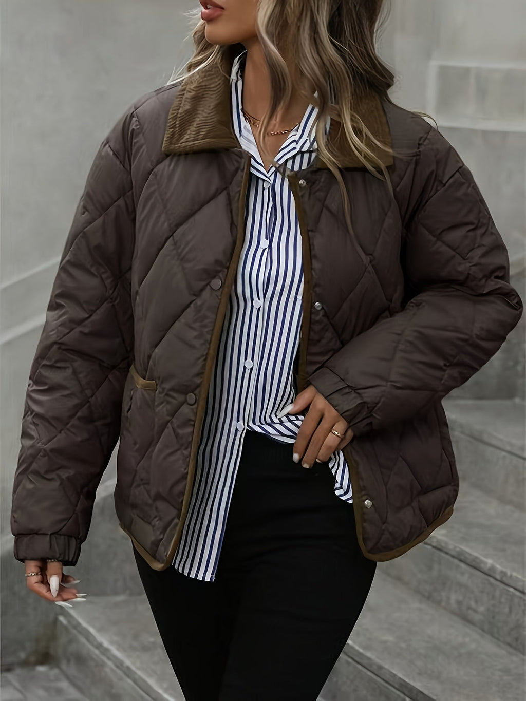 Women's Diamond Quilted Padded Jacket with Contrast Collar and Patch