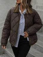 Women's Diamond Quilted Padded Jacket with Contrast Collar and Patch