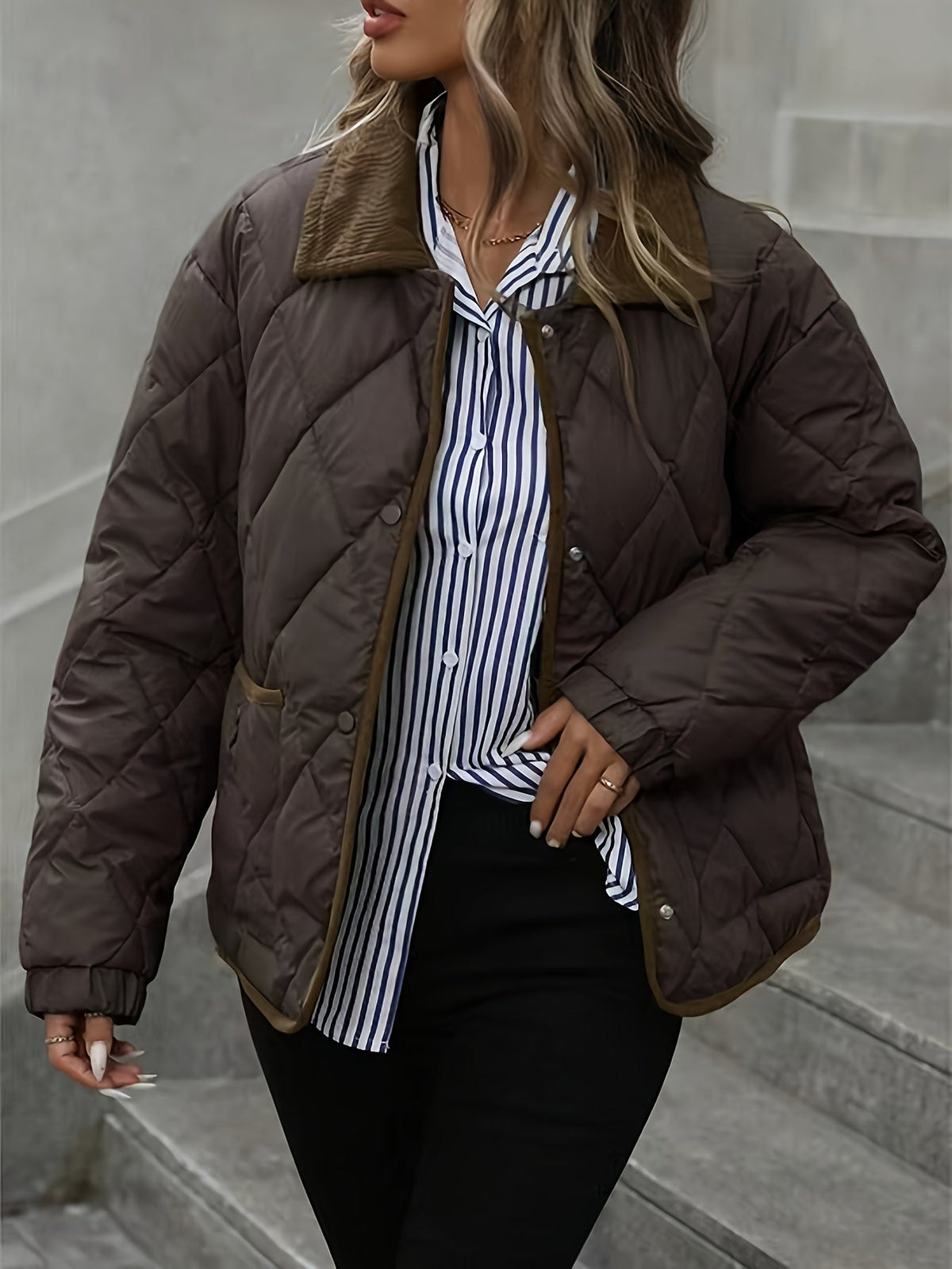 Women's Diamond Quilted Padded Jacket with Contrast Collar and Patch