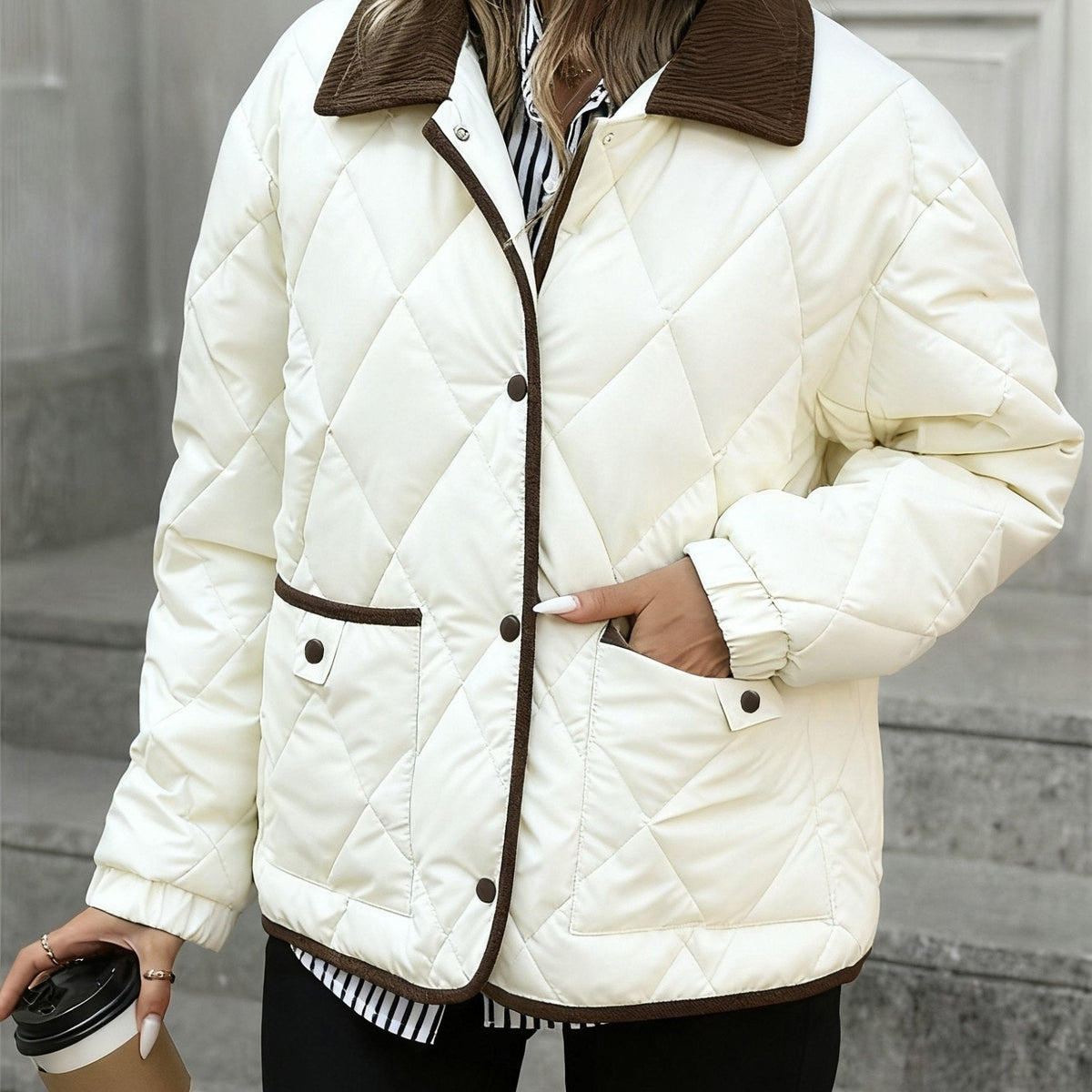Women's Diamond Quilted Padded Jacket with Contrast Collar and Patch