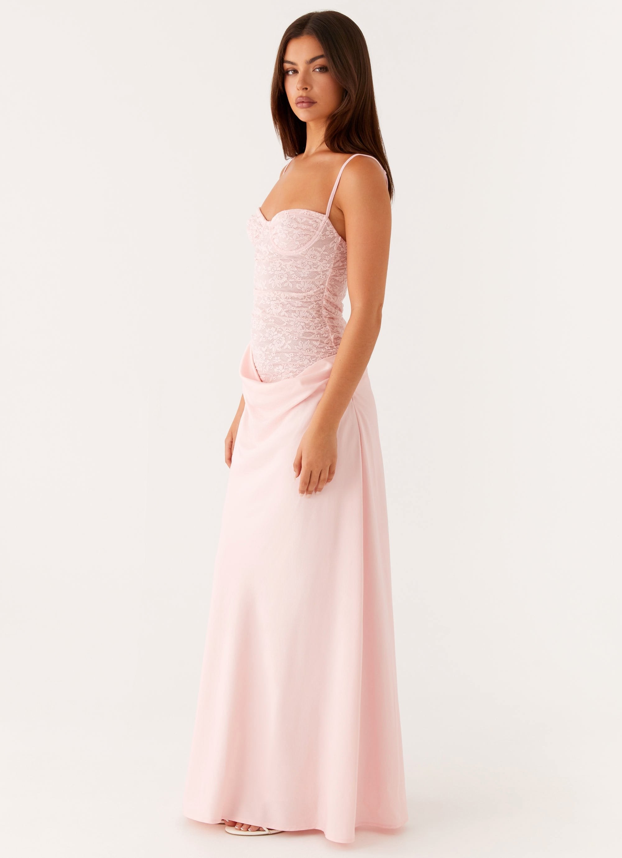 Pink Maxi Dress with Lace Corset Top & Satin Skirt – Occasion Gown