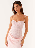 Pink Maxi Dress with Lace Corset Top & Satin Skirt – Occasion Gown