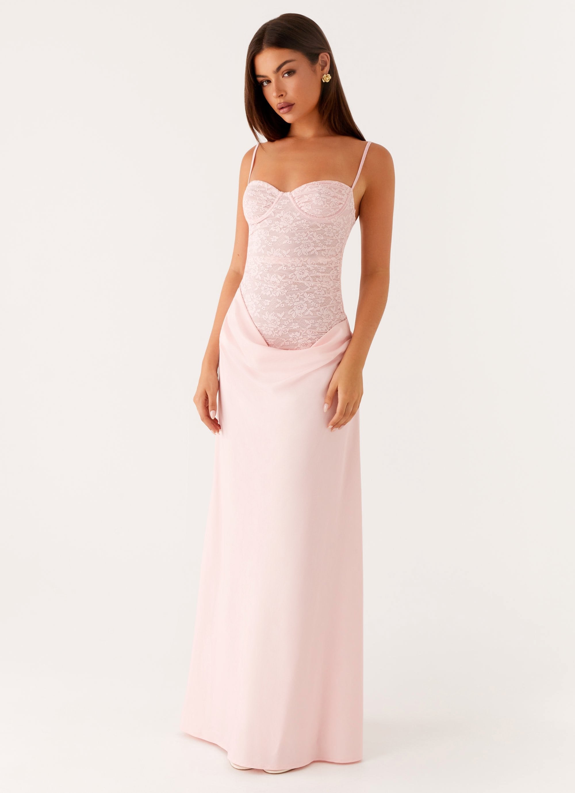 Pink Maxi Dress with Lace Corset Top & Satin Skirt – Occasion Gown