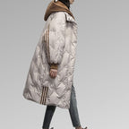 Women's Long Hooded Quilted Winter Coat with Contrast Sleeve Stripes