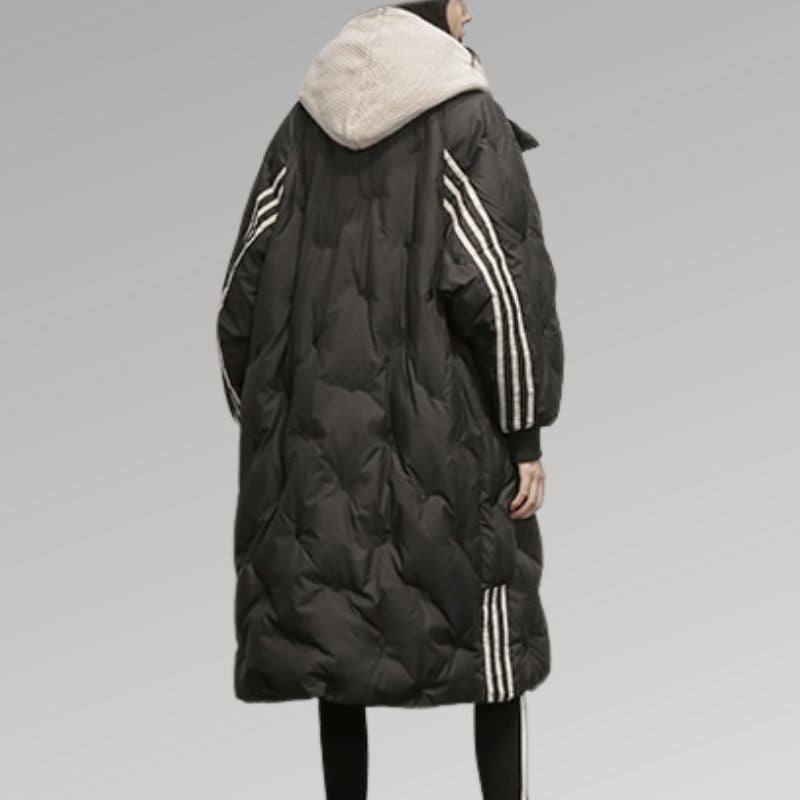 Women's Long Hooded Quilted Winter Coat with Contrast Sleeve Stripes