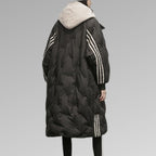 Women's Long Hooded Quilted Winter Coat with Contrast Sleeve Stripes