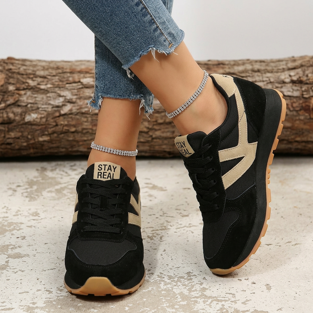 Women's Lace-Up Trainers – Cushioned All-Day Comfort in Beige - Blue or Black