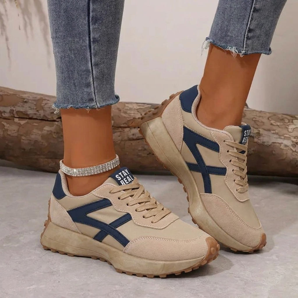 Women's Lace-Up Trainers – Cushioned All-Day Comfort in Beige - Blue or Black