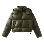 Women's Thick Quilted Cropped Puffer Jacket with Detachable Hood and High