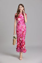 3D Floral Appliqué Wedding Guest Midi Dress