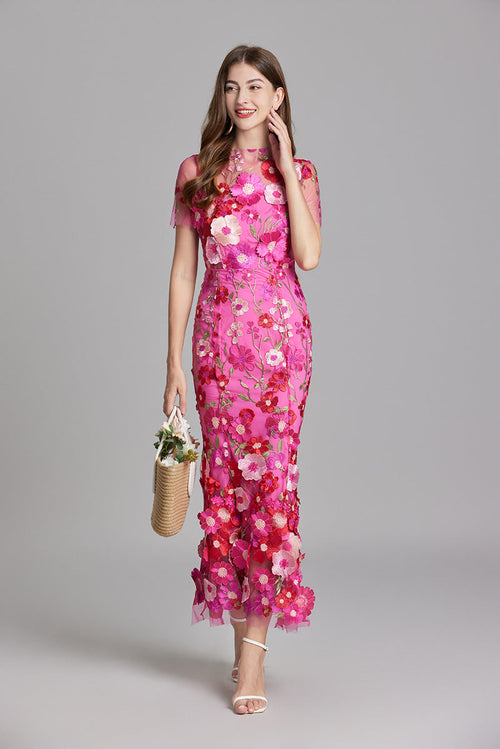 3D Floral Appliqué Wedding Guest Midi Dress