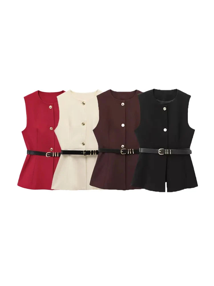 Gold Button Longline Waistcoat – Belted Statement Vest | Meave & Ivy