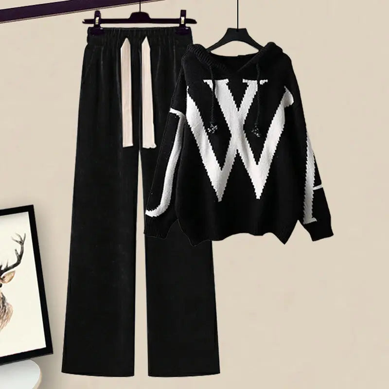 Women's Knitted Hooded Jumper and Wide-Leg Trouser Set