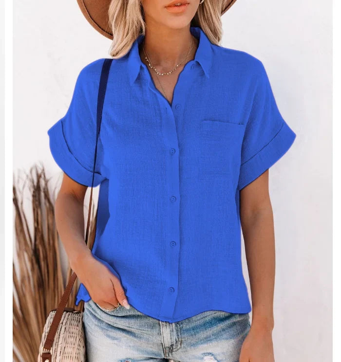 Cotton-Linen Button-Up Blouse – Short Sleeve Prints
