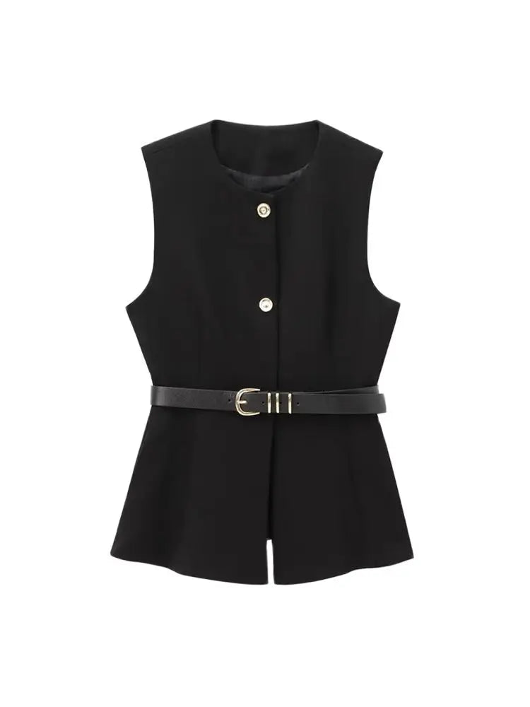 Gold Button Longline Waistcoat – Belted Statement Vest | Meave & Ivy