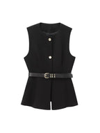 Gold Button Longline Waistcoat – Belted Statement Vest | Meave & Ivy
