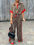 Women's Printed Short Sleeve Button-Up Shirt and Wide Leg Trouser Set