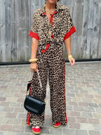 Women's Printed Short Sleeve Button-Up Shirt and Wide Leg Trouser Set