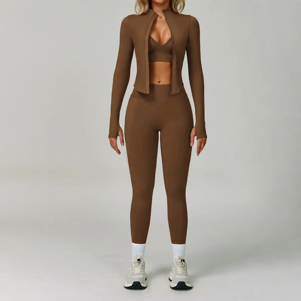 Women's Seamless Three-Piece Activewear Set with Zip-Up Jacket and High