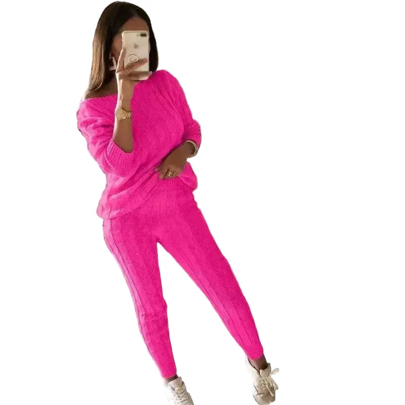 Women's Cable Knit Jumper and Jogger Set with Wide Neckline