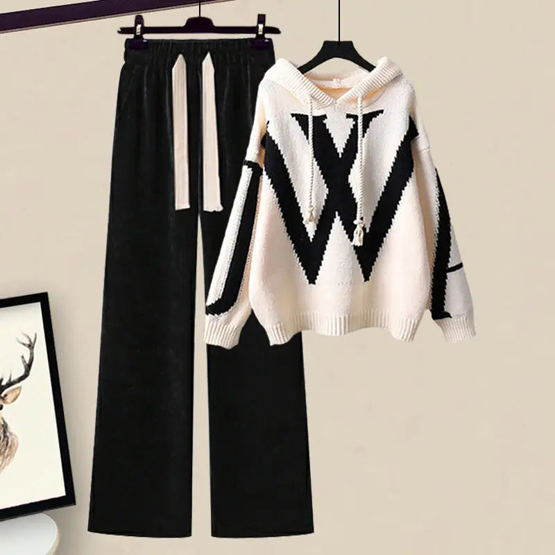 Women's Knitted Hooded Jumper and Wide-Leg Trouser Set