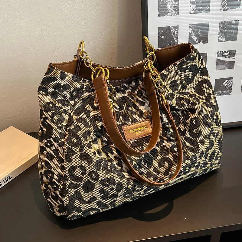 Leopard Print Canvas Tote Bag with Gold Details