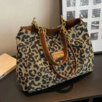 Leopard Print Canvas Tote Bag with Gold Details