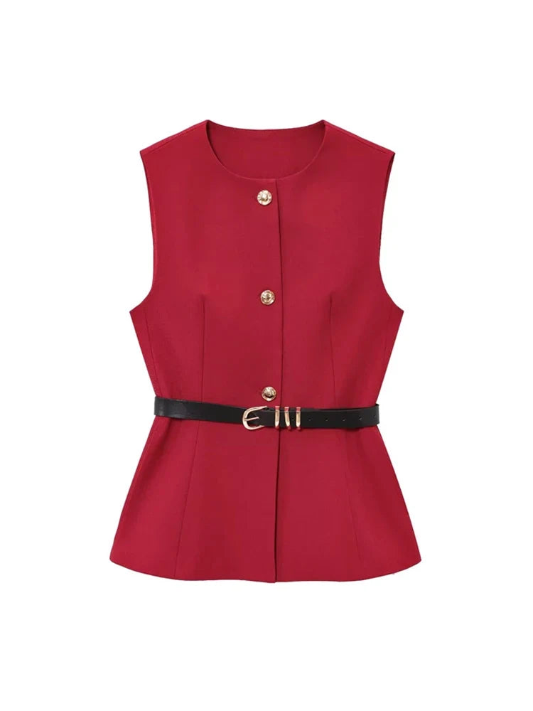 Gold Button Longline Waistcoat – Belted Statement Vest | Meave & Ivy