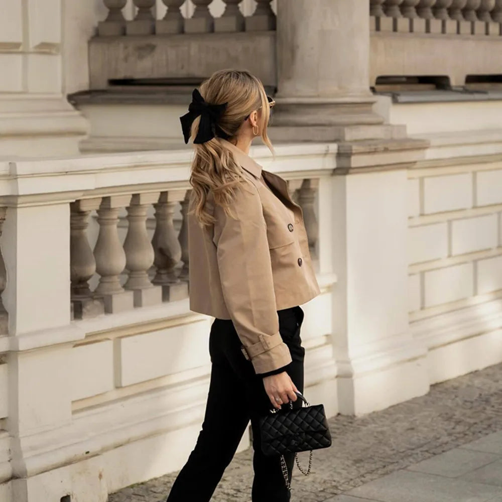 Khaki Cropped Trench Coat – Vintage-Inspired Statement Jacket | Meave & Ivy