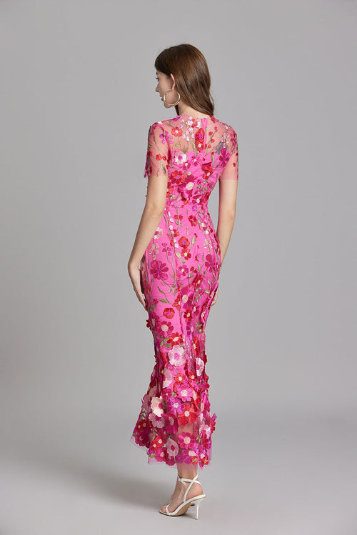 3D Floral Appliqué Wedding Guest Midi Dress