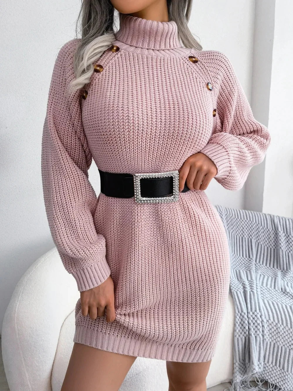 Women's Ribbed Knitted Sweater Dress with Roll Neck and Decorative