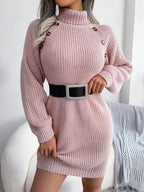 Women's Ribbed Knitted Sweater Dress with Roll Neck and Decorative