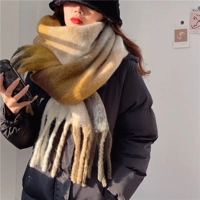Checked Winter Scarf with Fringes – Oversized Blanket Scarf
